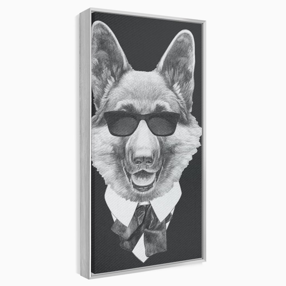 Tablou canvas cu portret ilustrativ caine gentleman, in rama de aluminiu argintiu